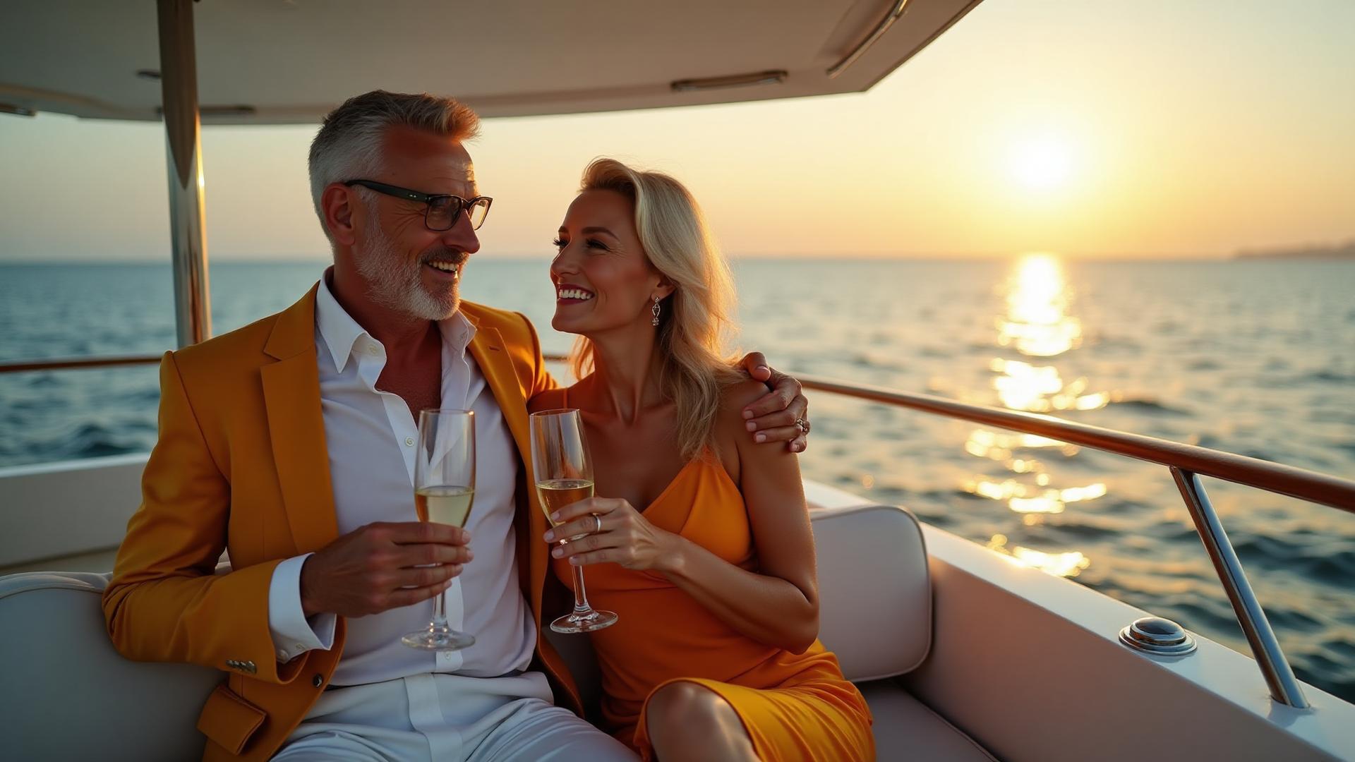 Luxury retirement lifestyle - confident couple on yacht at sunset